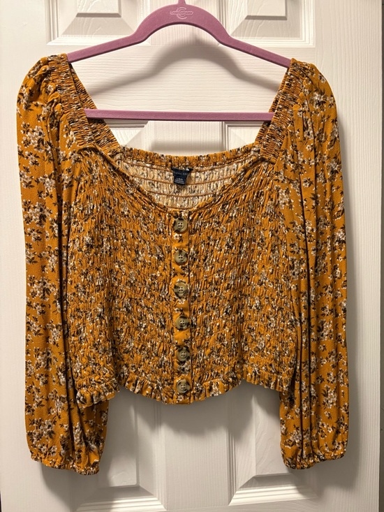 American Eagle Outfitters Tops - American Eagle Outfitters Mustard Floral Smocked Button-Front Blouse